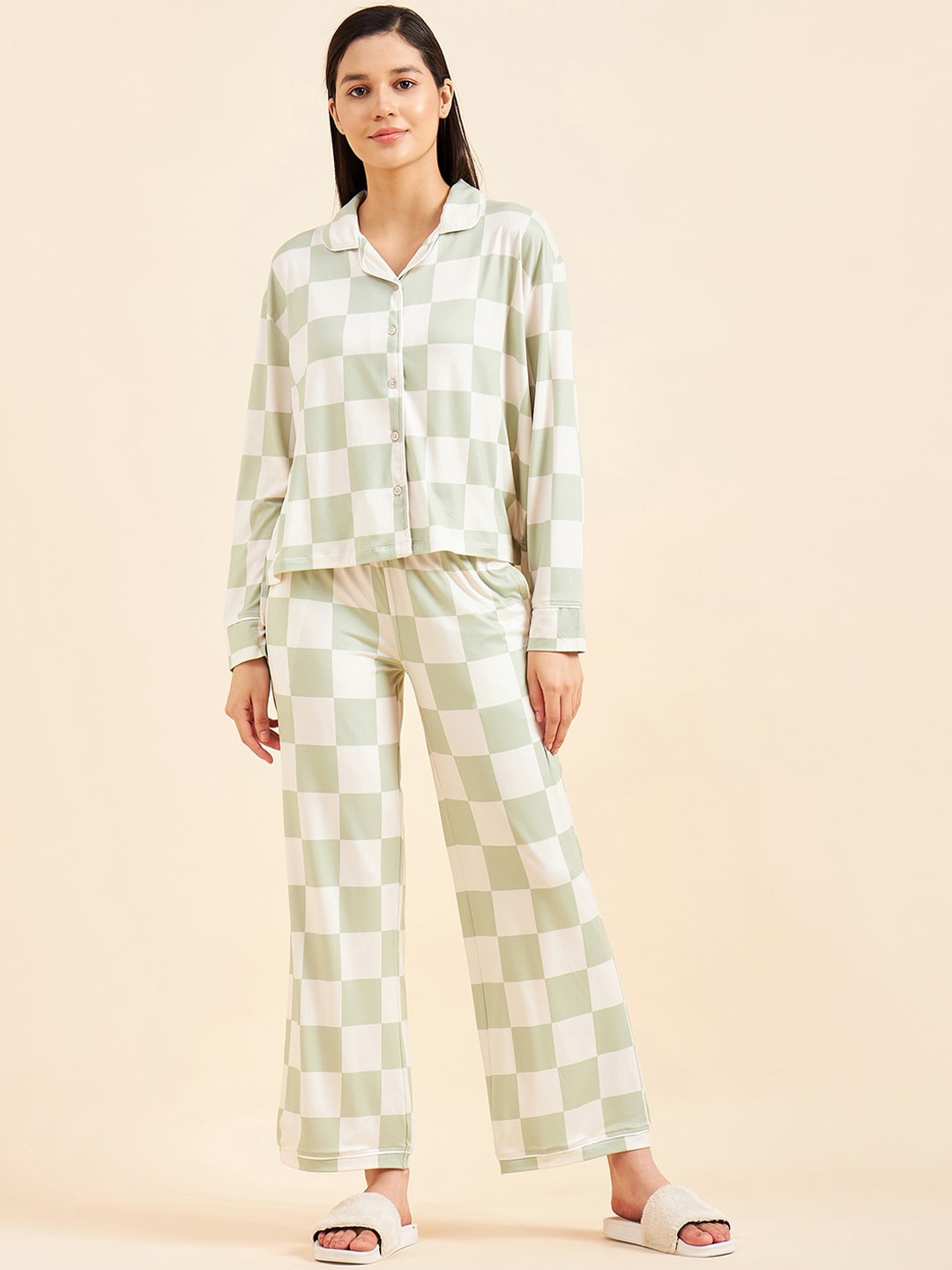

Sweet Dreams Grey Checked Lapel Collar Night Suit