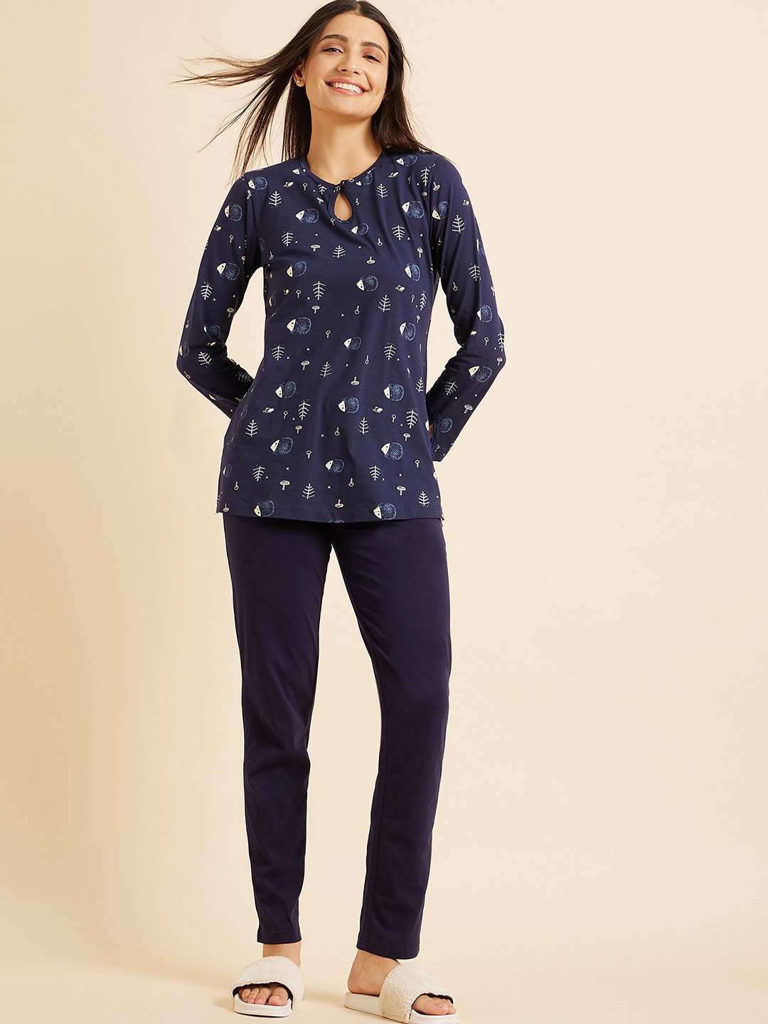 

Sweet Dreams Women Conversational Printed Top & Trousers, Navy blue