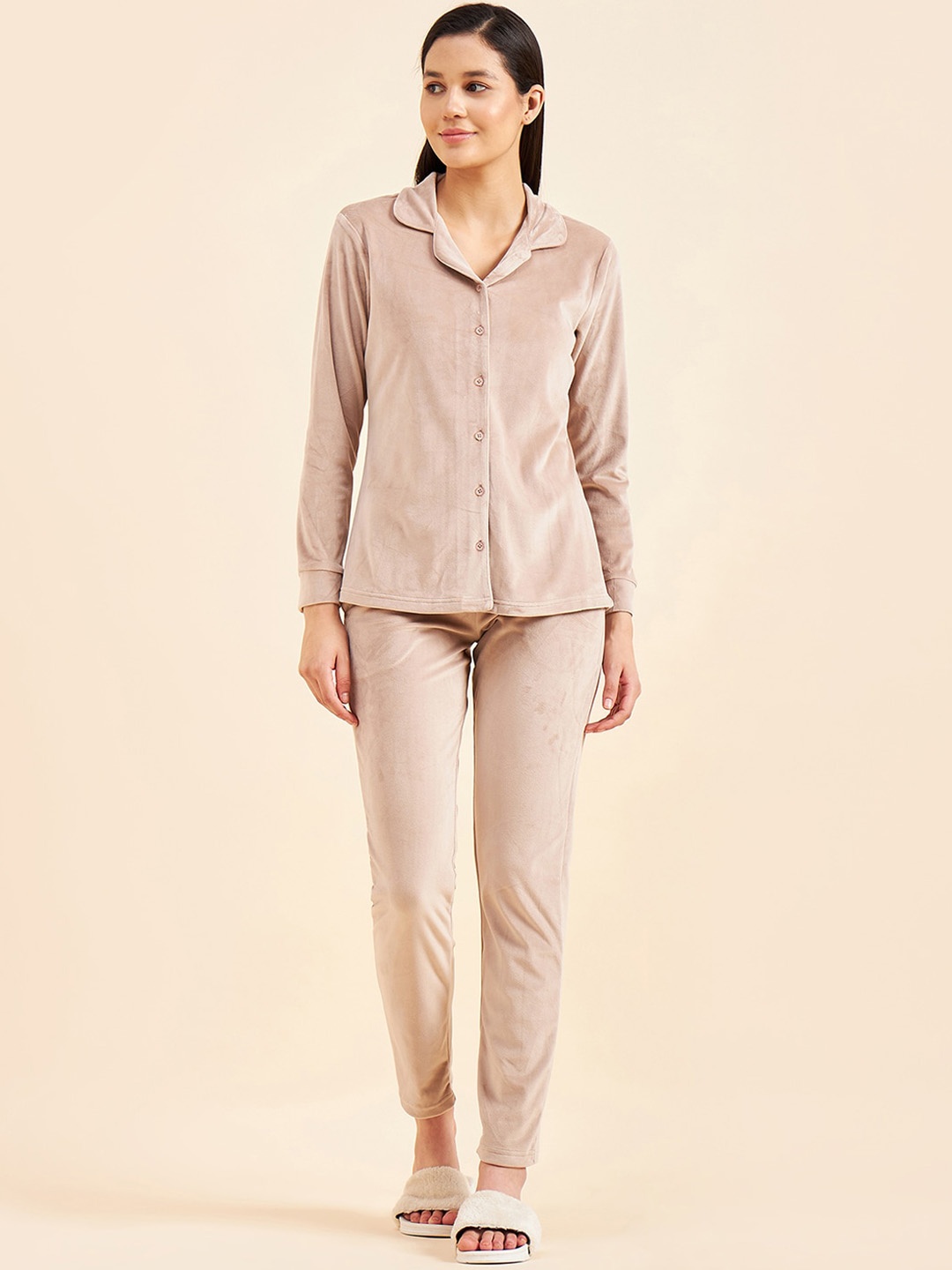

Sweet Dreams Women Beige Lapel Collar Night suit