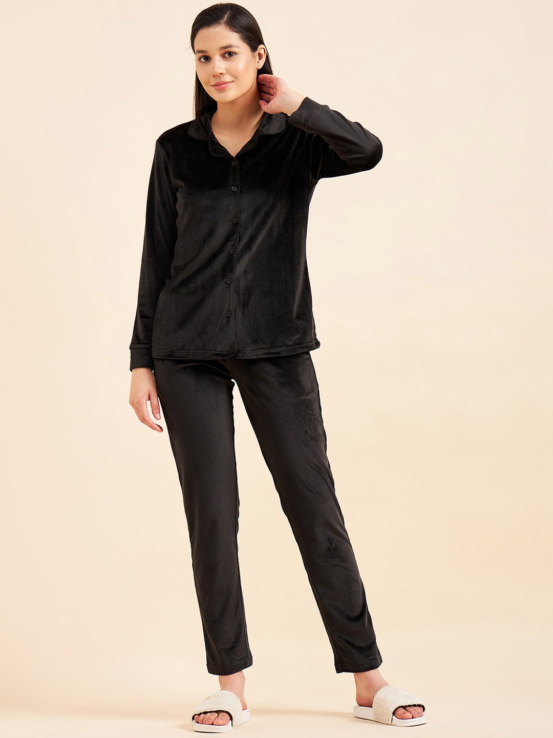 

Sweet Dreams Women Black Lapel Collar Night suit