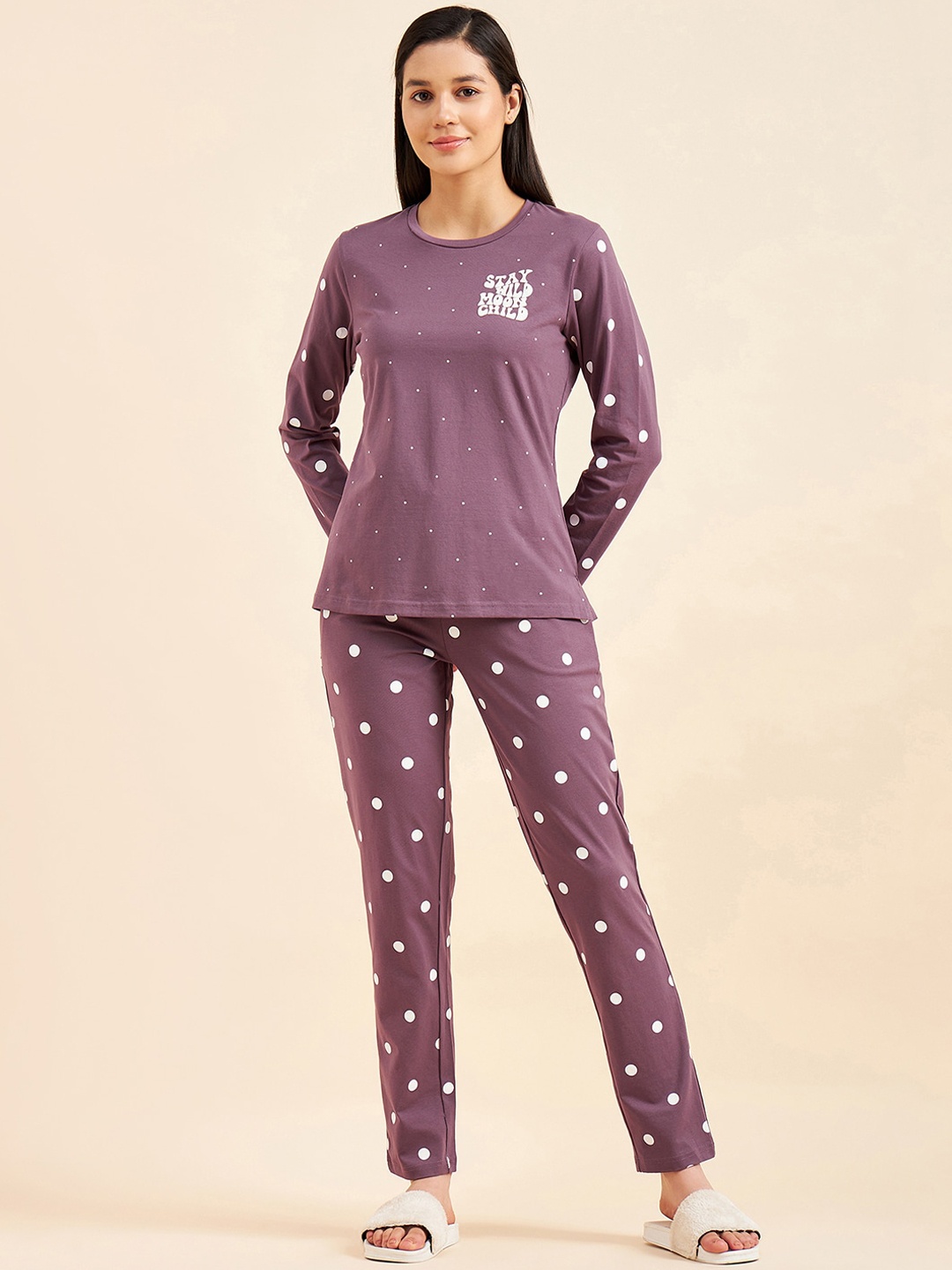 

Sweet Dreams Mauve & White Polka Dot Printed Round Neck Night suit