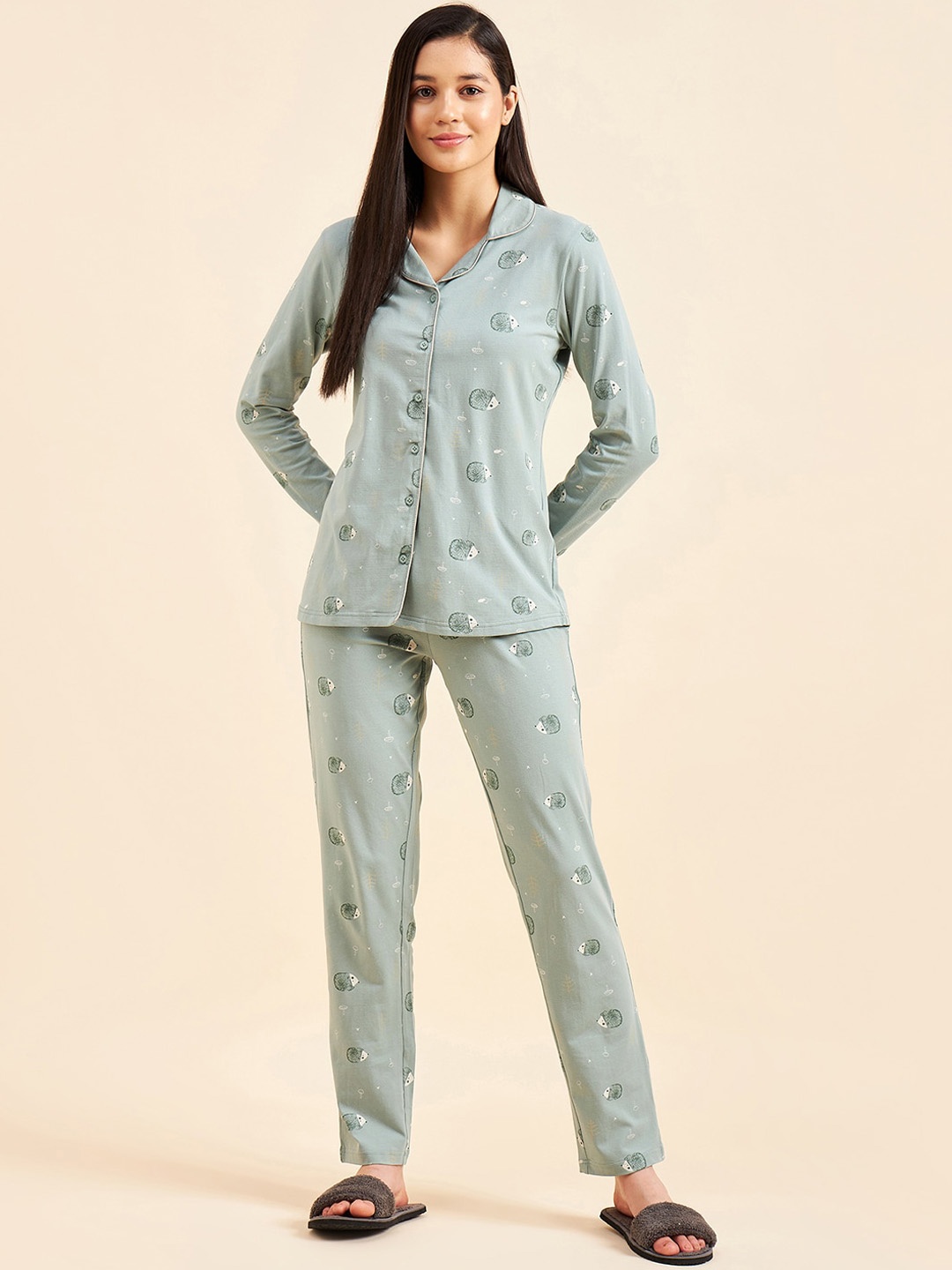 

Sweet Dreams Graphic Printed Shirt Style Night Suit, Green
