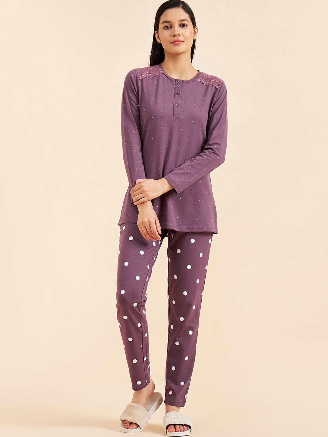 

Sweet Dreams Polka Dot Printed Top And Pyjama Night Suit, Mauve