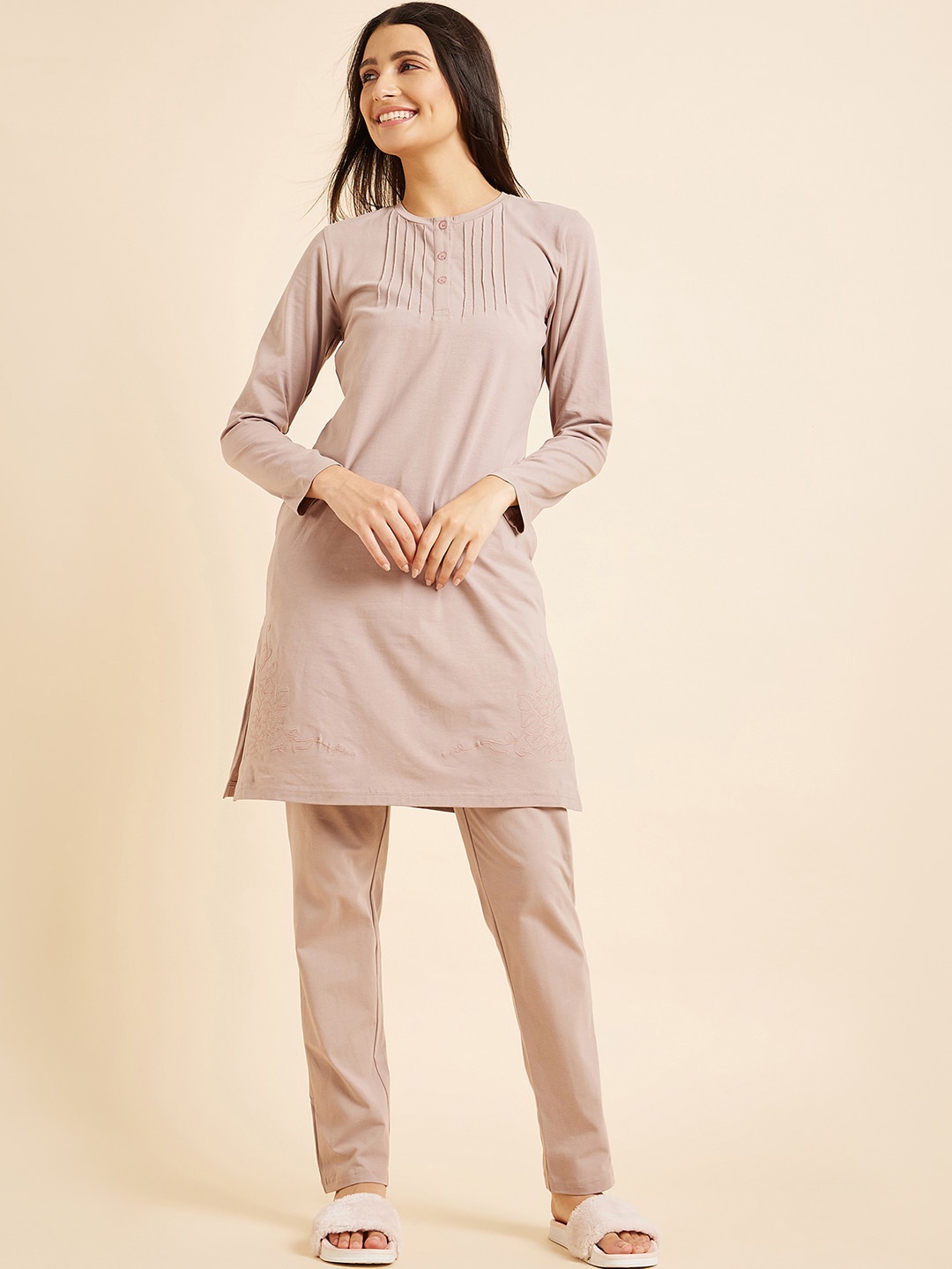 

Sweet Dreams Pleated Detail Round Neck Kurti & Trousers, Beige