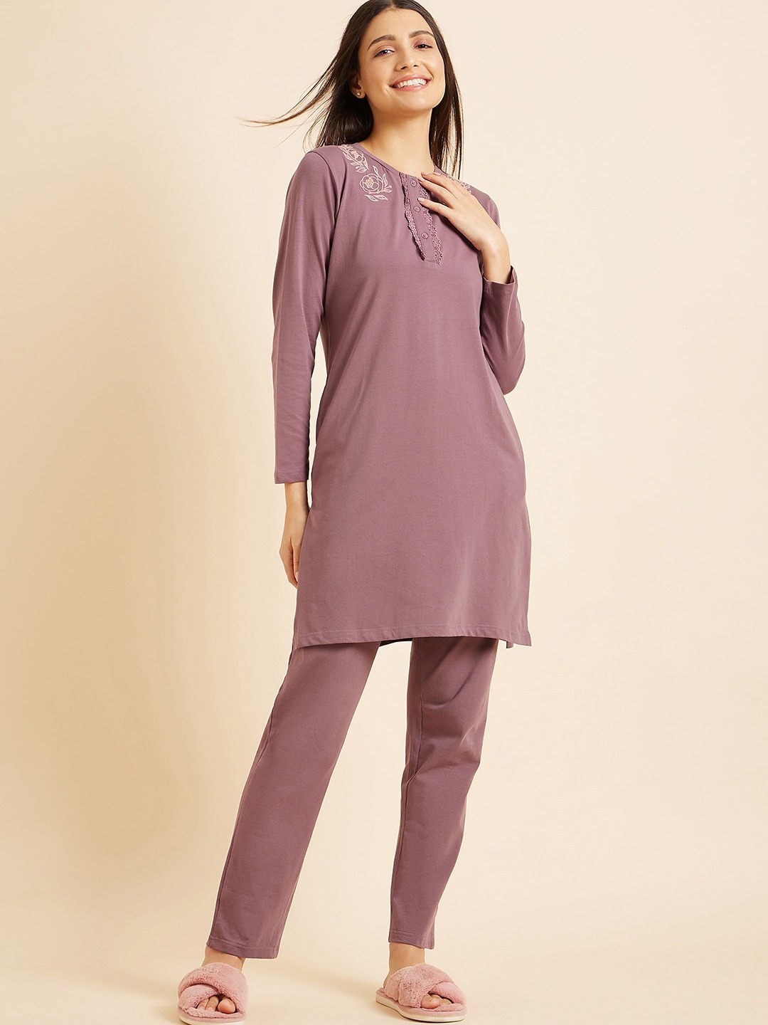

Sweet Dreams Floral Printed Lace Detail Kurti & Trousers, Mauve