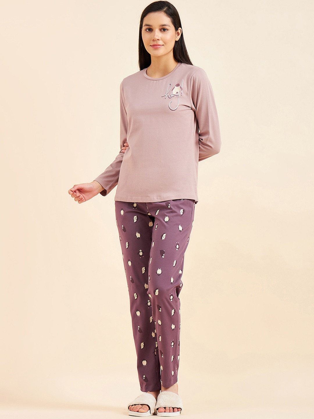 

Sweet Dreams Printed Round Neck T-Shirt & Trousers, Purple