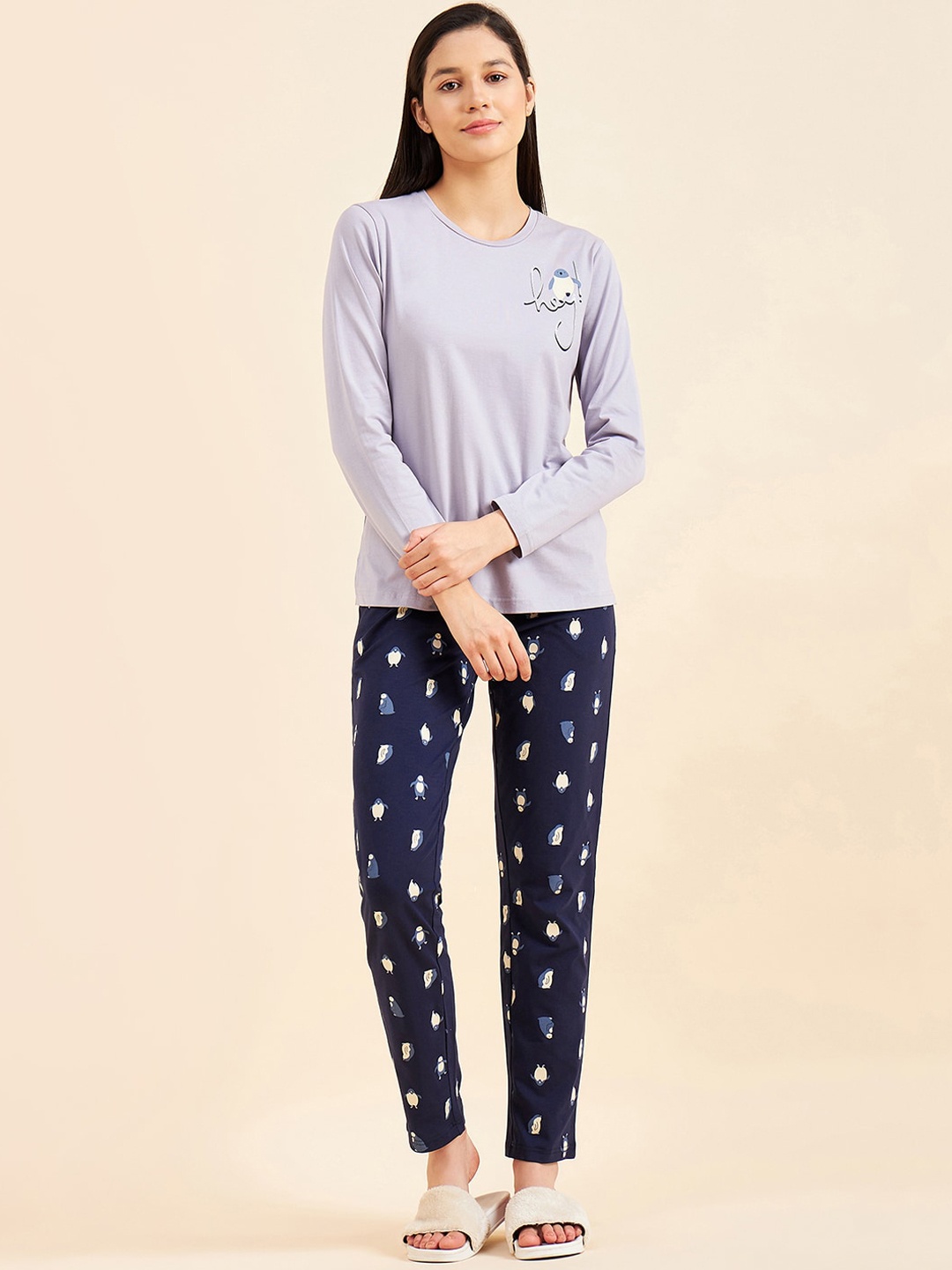 

Sweet Dreams Lavender & Navy Blue Printed Night suit