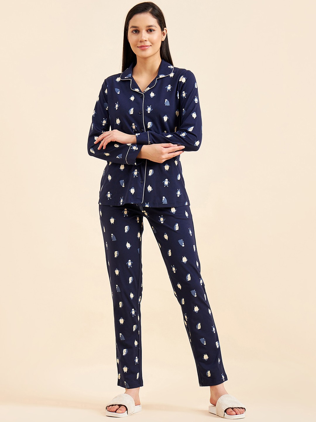 

Sweet Dreams Women Navy Blue & White Conversational Printed Night suit