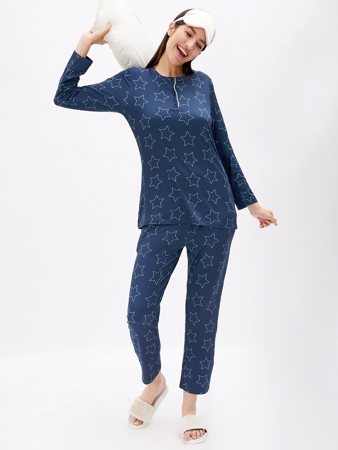 

Sweet Dreams Conversational Printed Henley Neck Night suit, Navy blue
