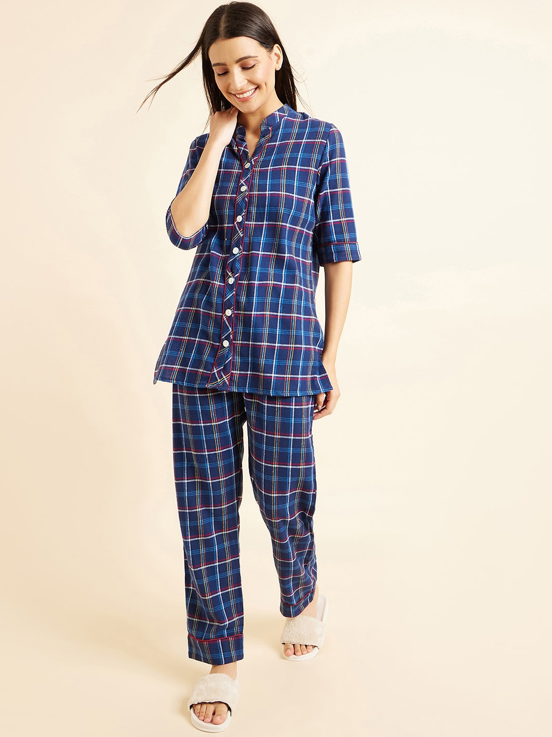 

Sweet Dreams Checked Pure Cotton Night suit, Navy blue