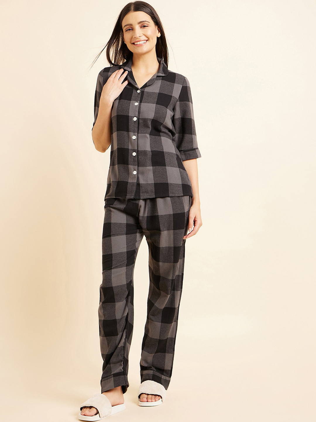 

Sweet Dreams Checked Pure Cotton Night suit, Black