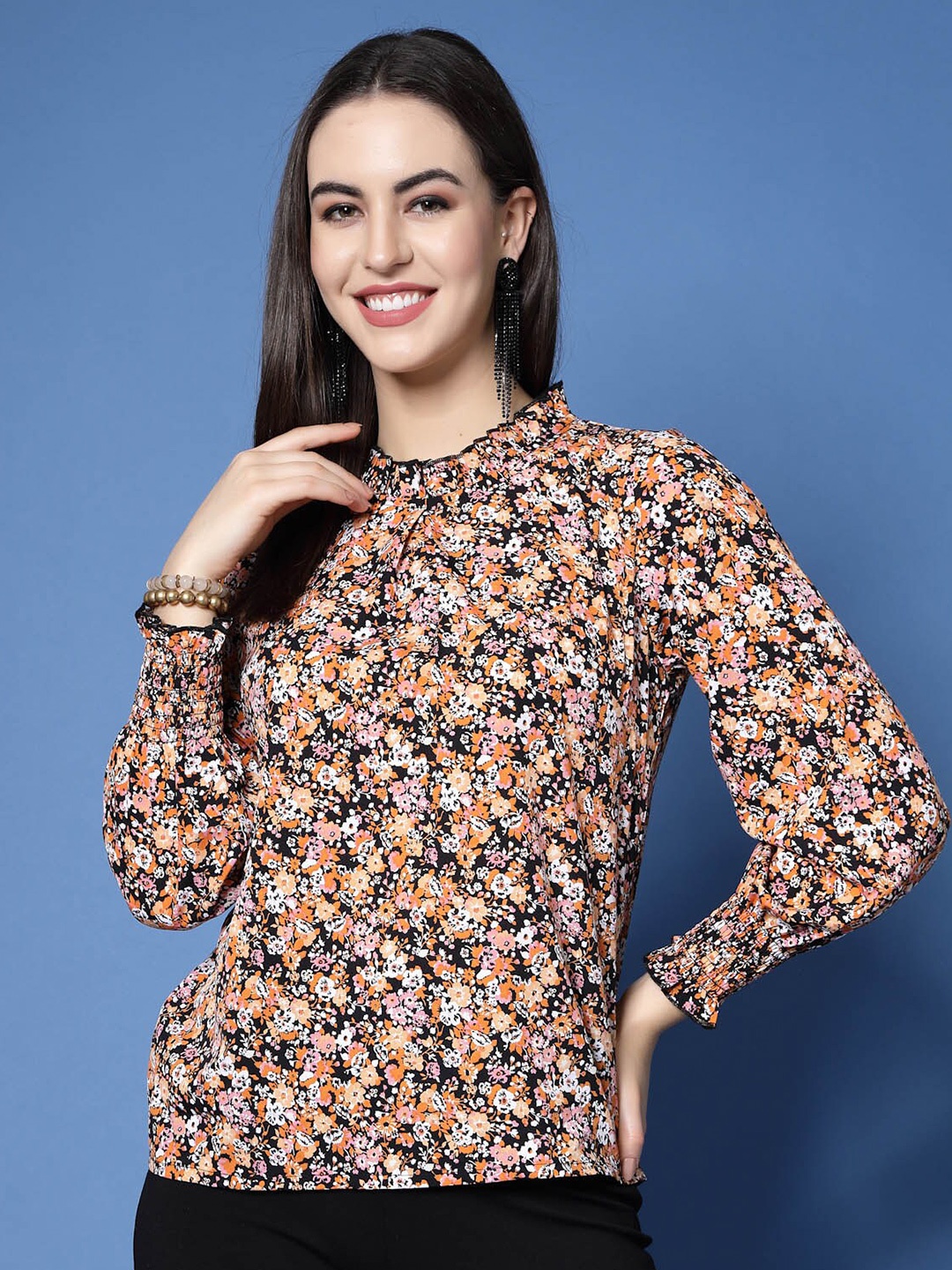 

plusS Black & Orange-Coloured Floral Printed High Neck Smocked Regular Top