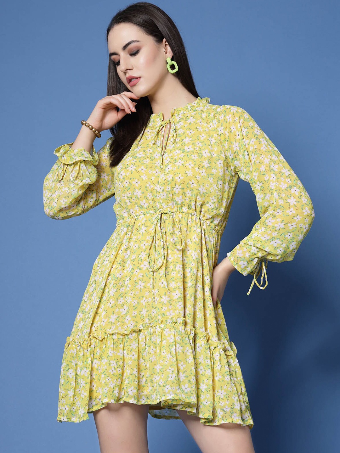 

plusS Yellow Floral Printed Tie-Up Neck Gathered Detailed Fit & Flare Mini Dress