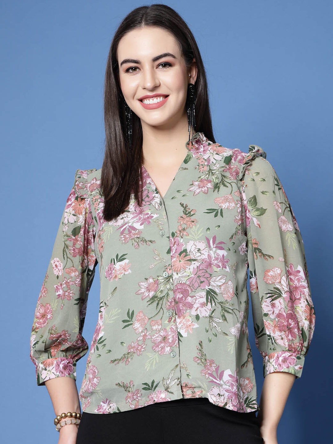 

plusS Sea Green Floral Printed V-Neck Cuffed Sleeve Ruffled Shirt Style Top