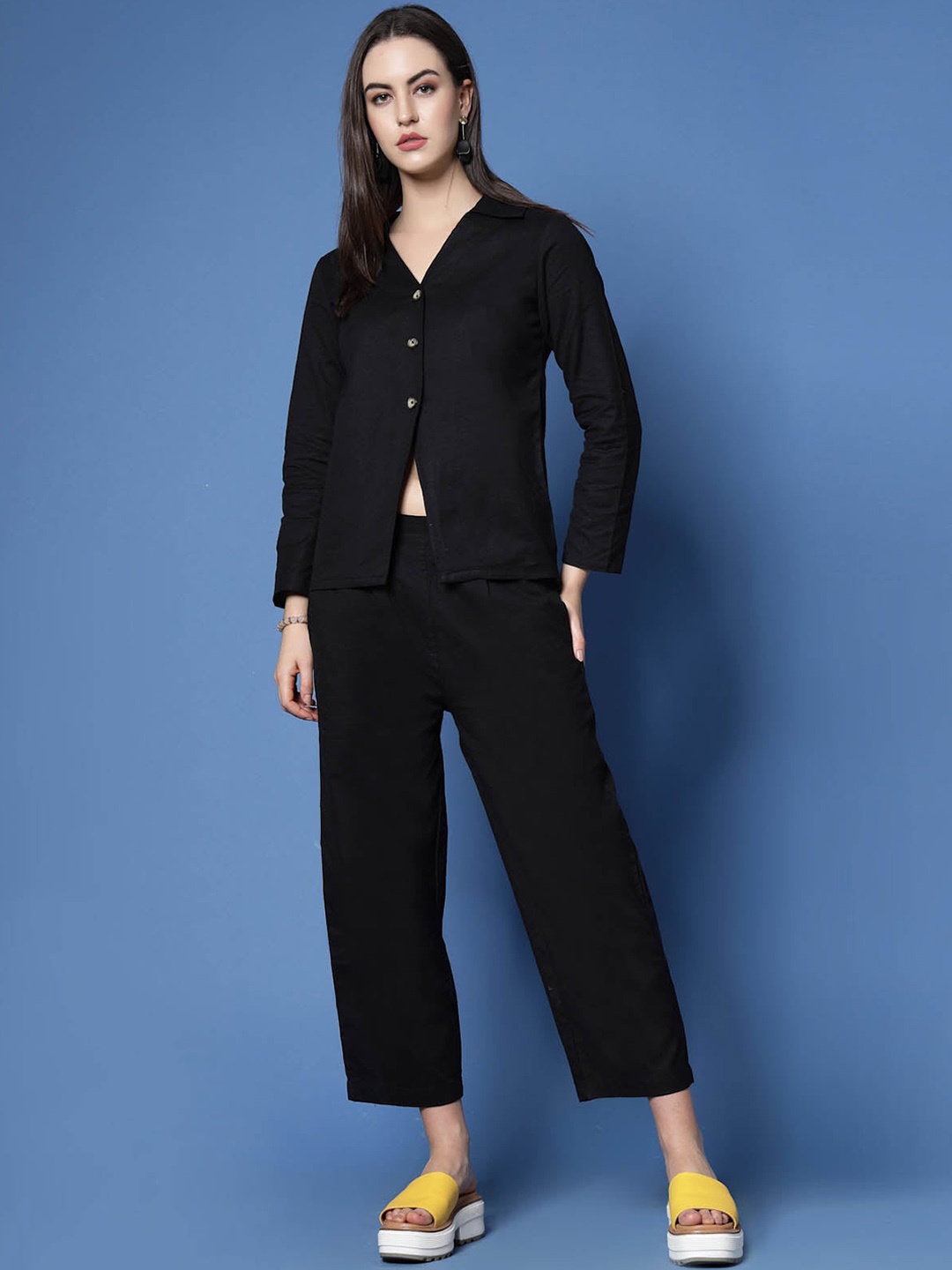 

plusS Black Pure Cotton Shirt With Trouser Co-Ords