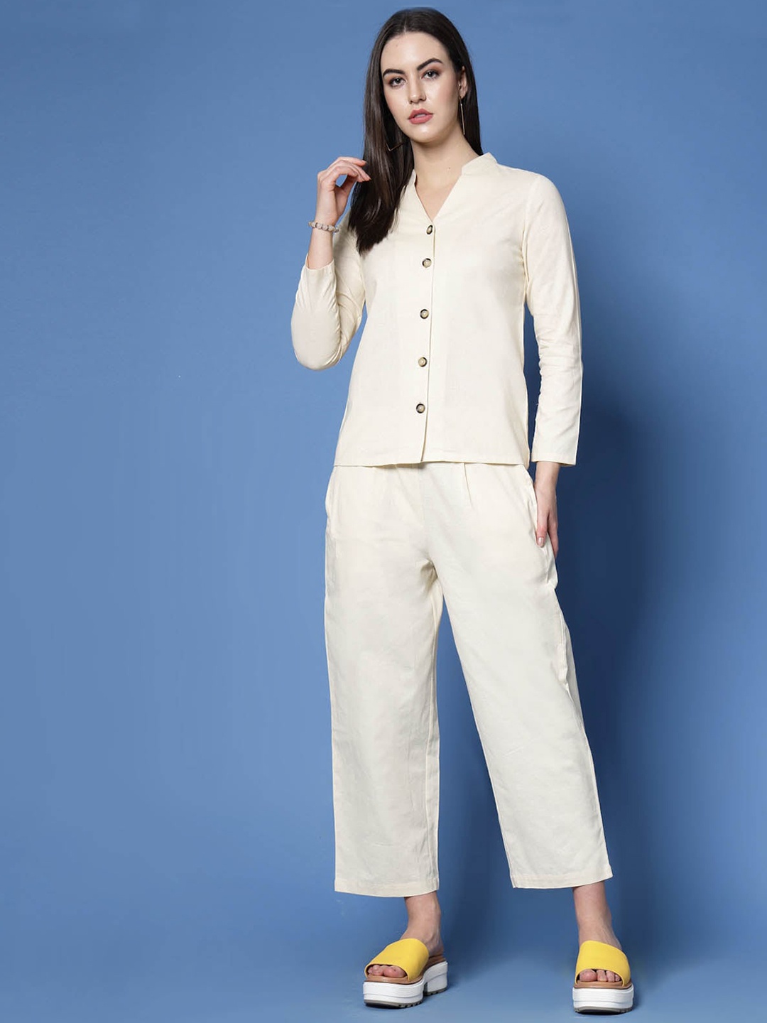 

plusS Cream-Coloured Mandarin Collar Pure Cotton Shirt With Trousers Co-Ords