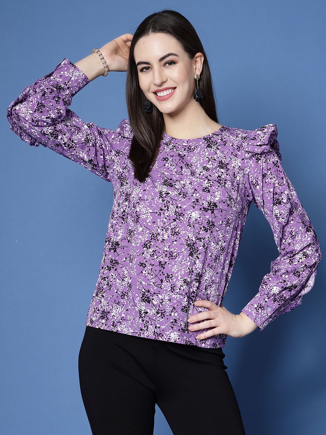 

plusS Purple & Black Floral Printed Ruffled Top