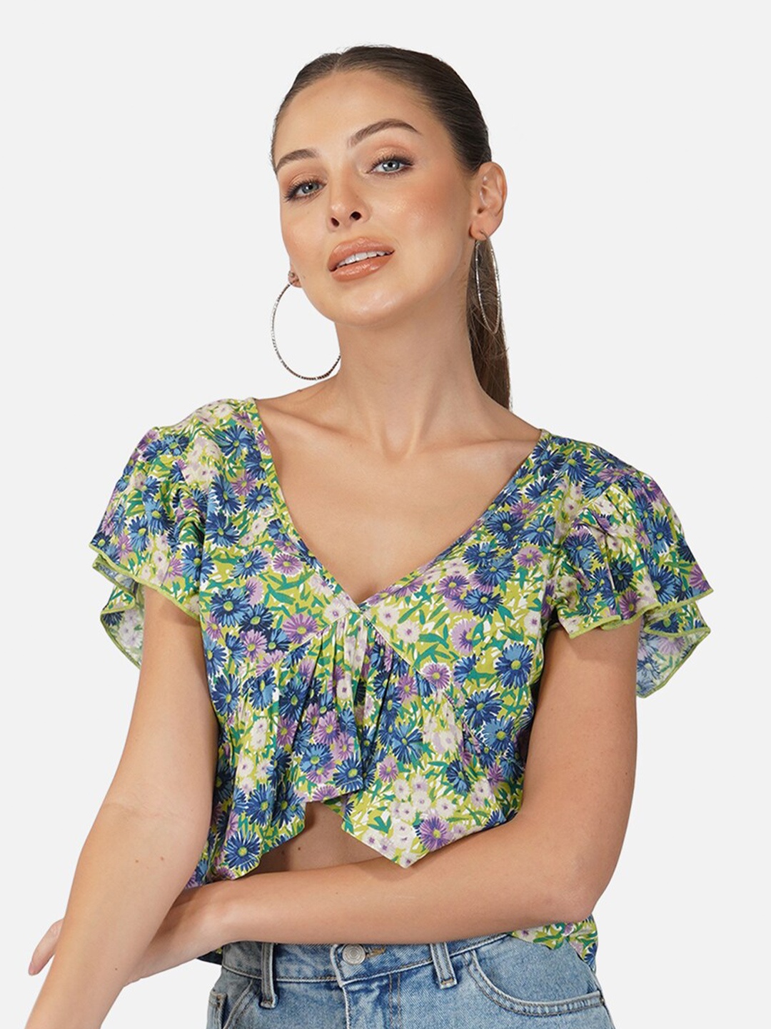 

Porsorte Floral Printed Flutter Sleeve Gathered Empire Crop Top, Green