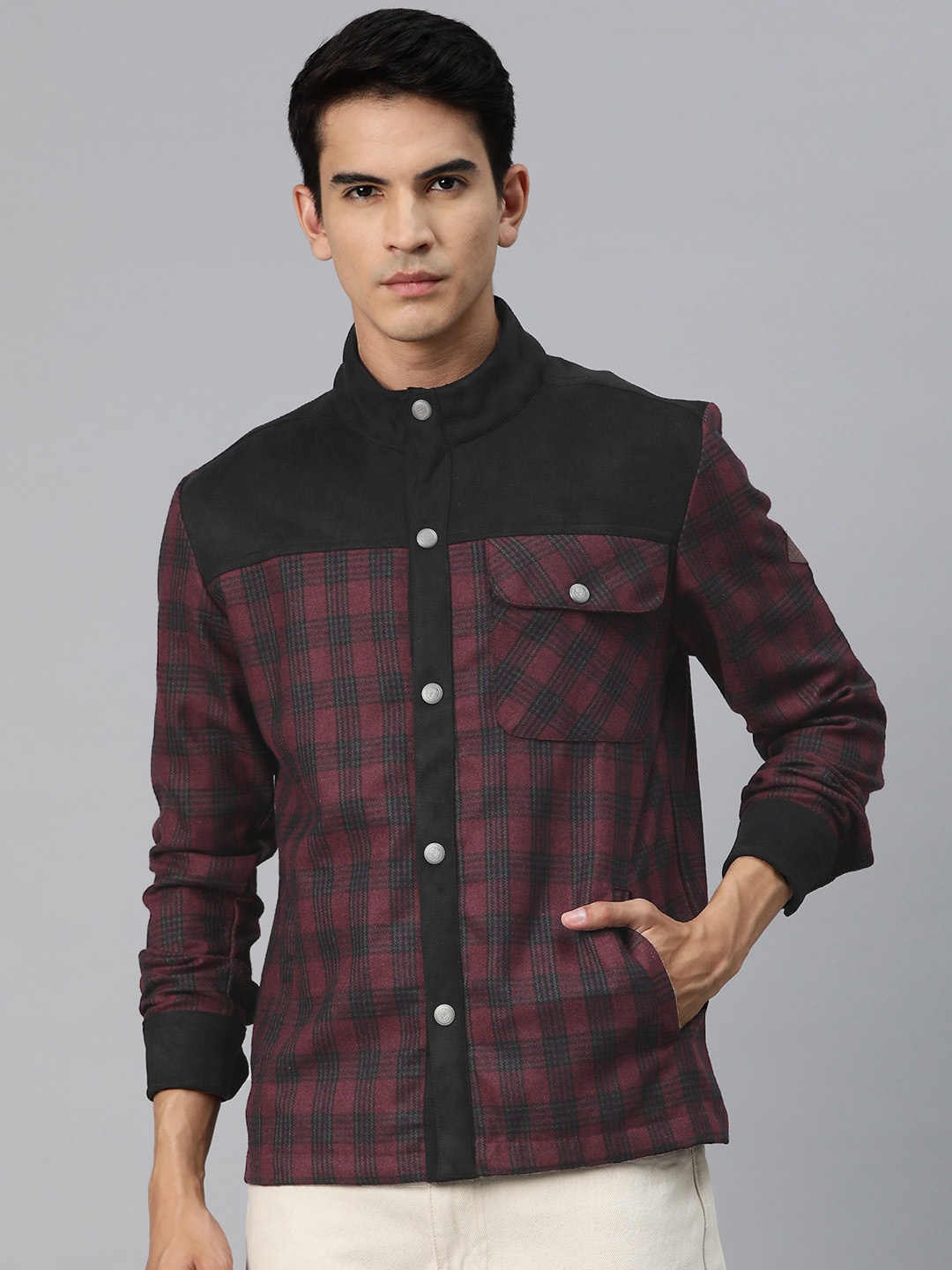 

Pierre Carlo Men Checked Open Front Jacket, Maroon