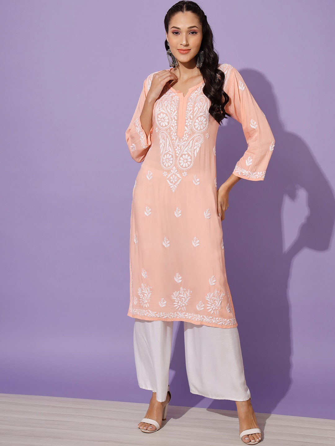 

Ethnava Ethnic Motifs Embroidered Pure Cotton Straight Kurta, Peach
