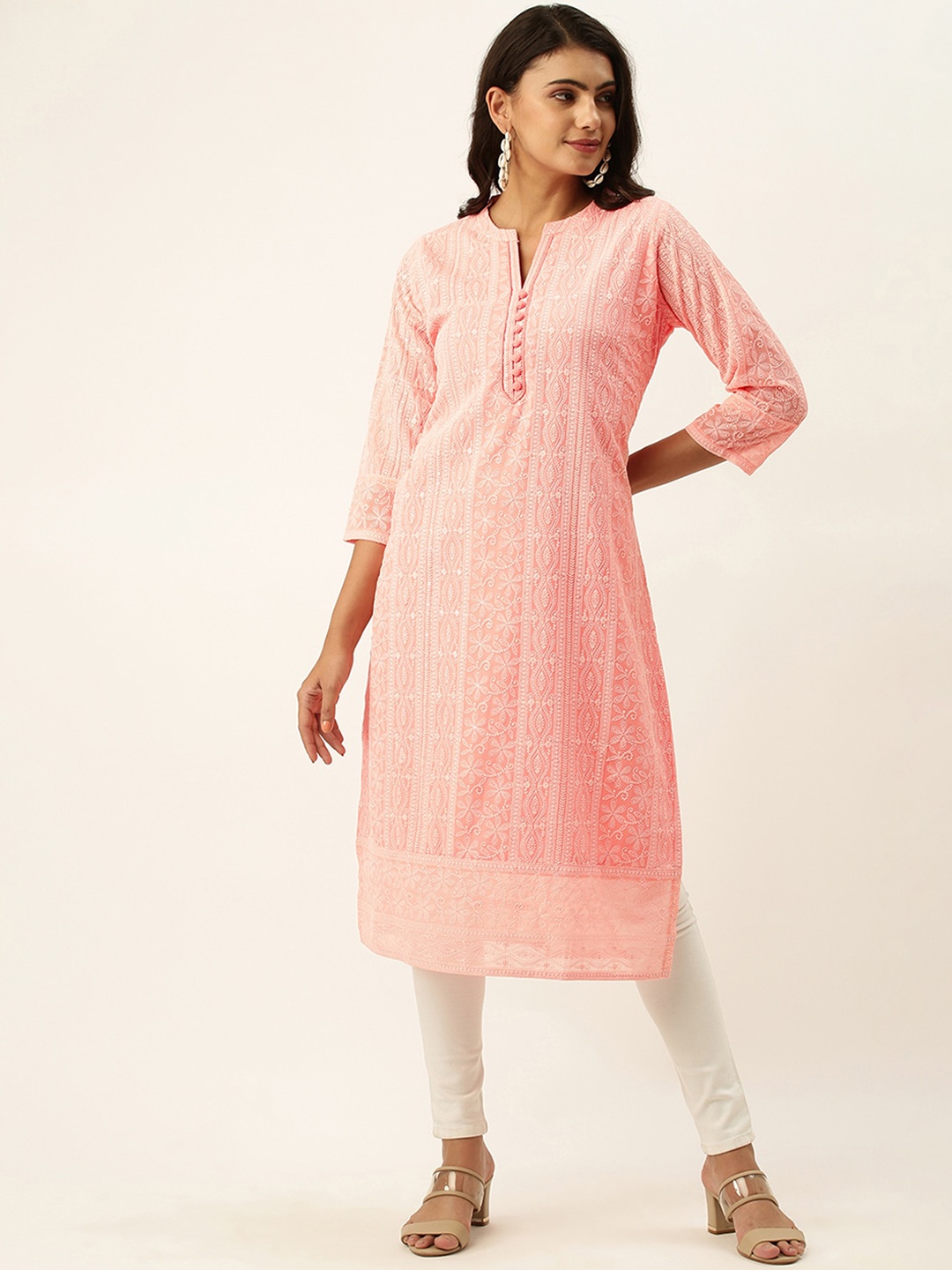 

ODETTE Floral Embroidered Thread Work Straight Kurta, Peach