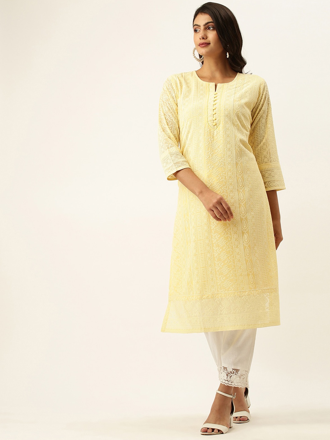 

ODETTE Floral Embroidered Thread Work Straight Kurta, Yellow