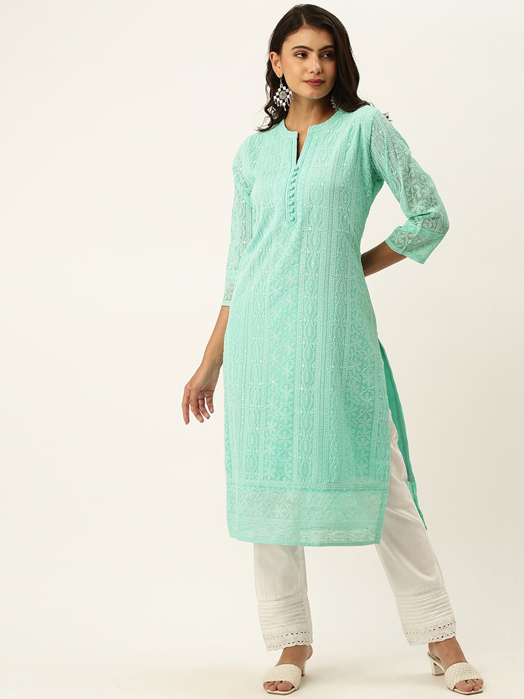 

ODETTE Floral Embroidered Thread Work Straight Kurta, Sea green