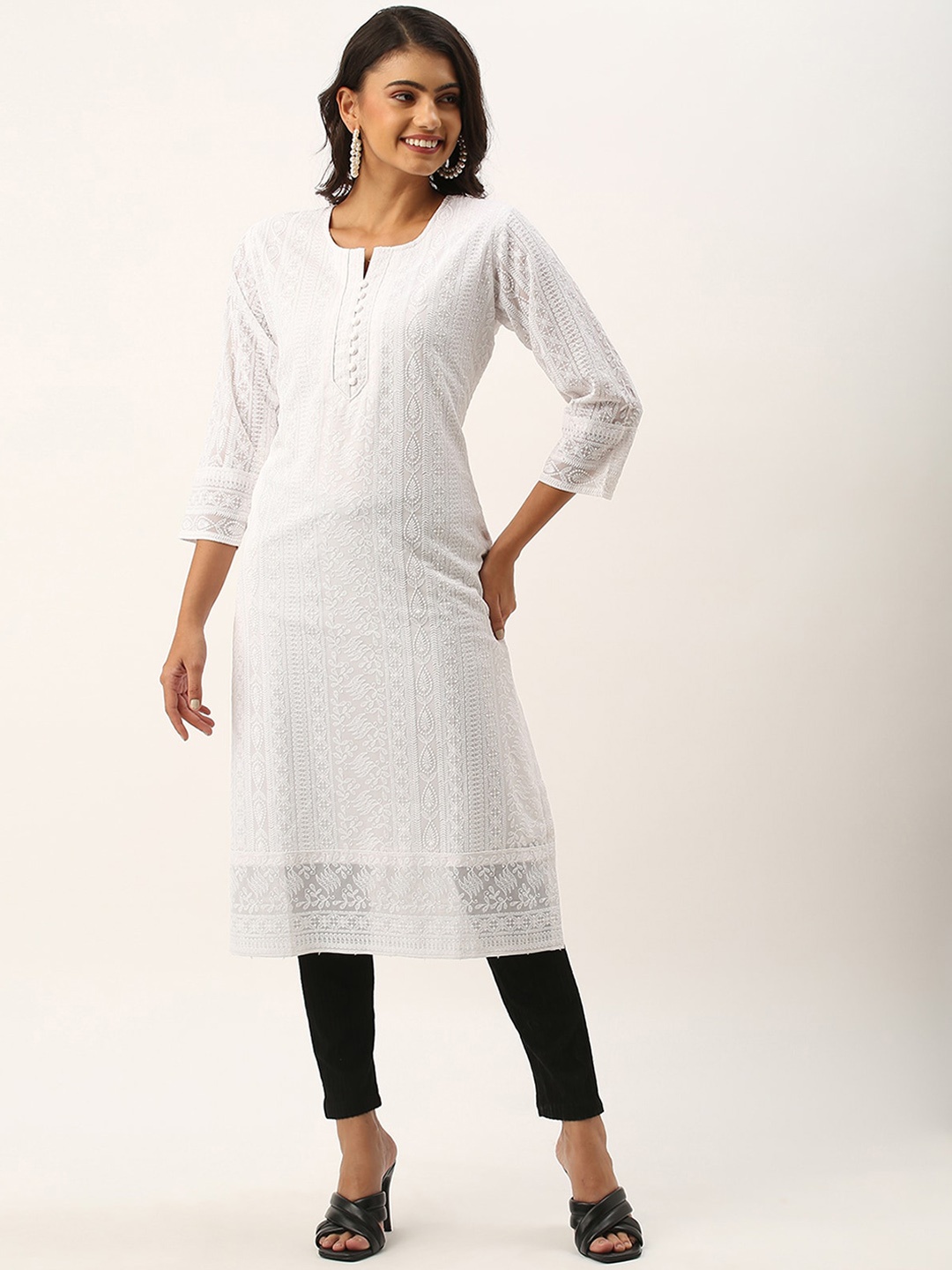 

ODETTE Floral Embroidered Thread Work Straight Kurta, White