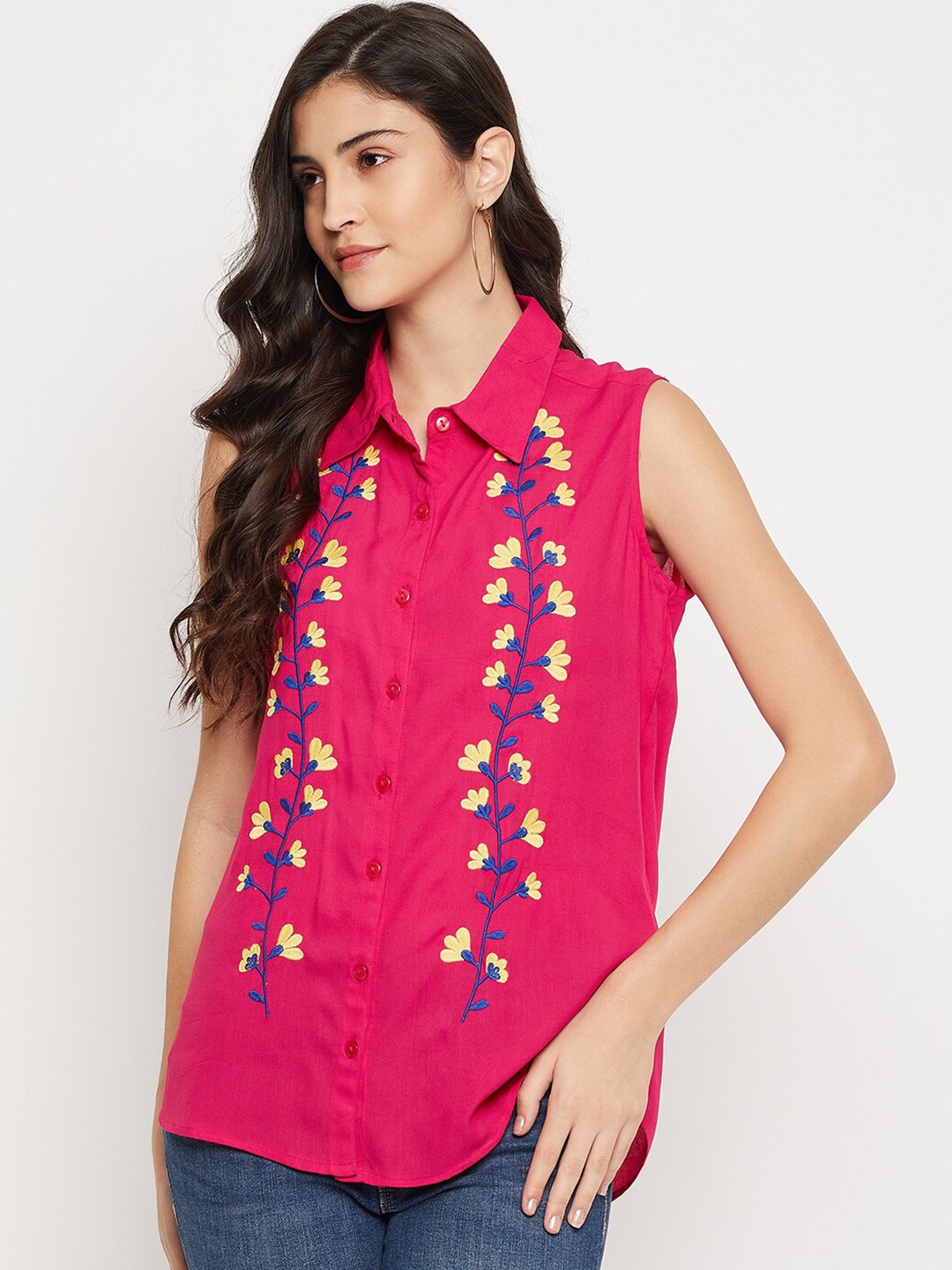 

Ruhaans Classic Floral Embroidered Regular Fit Casual Shirt, Pink
