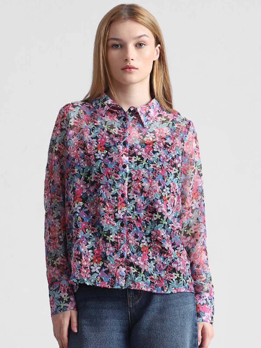 

ONLY Slim Fit Floral Printed Spread Collar Casual Shirt, Pink