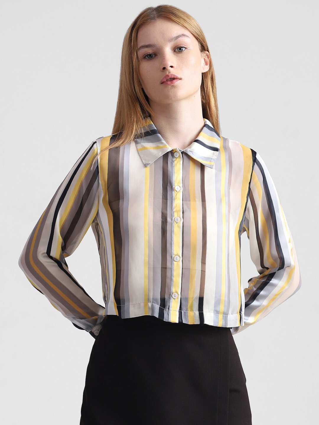 

ONLY Slim Fit Striped Casual Cropped Shirt, Grey