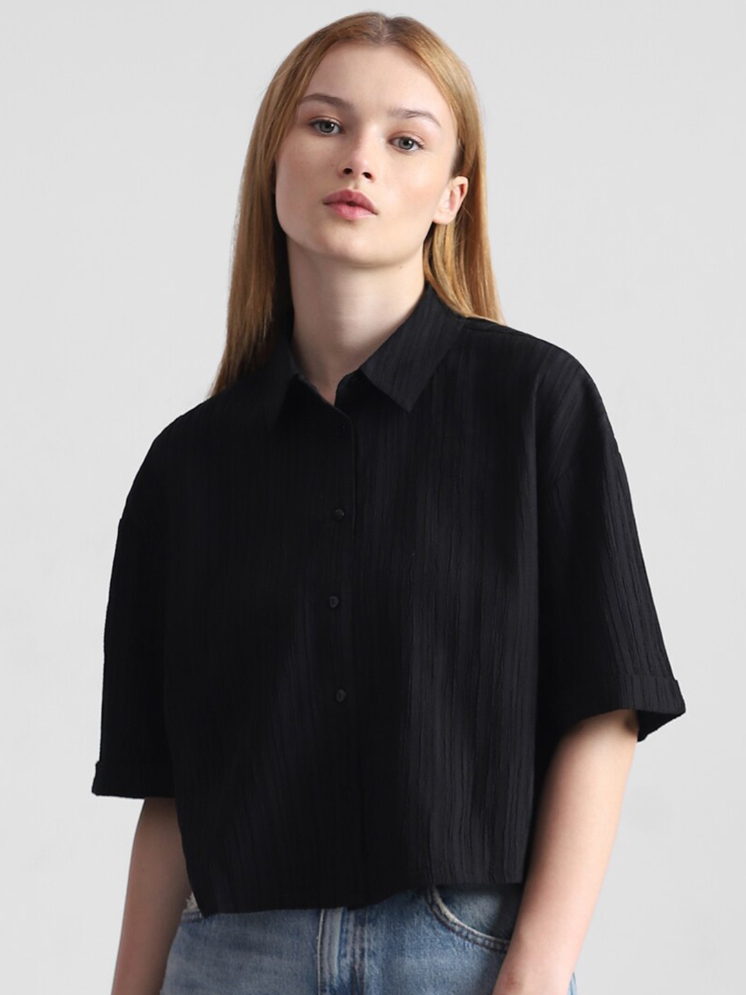 

ONLY Striped Spread Collar Casual Crop Shirt, Black