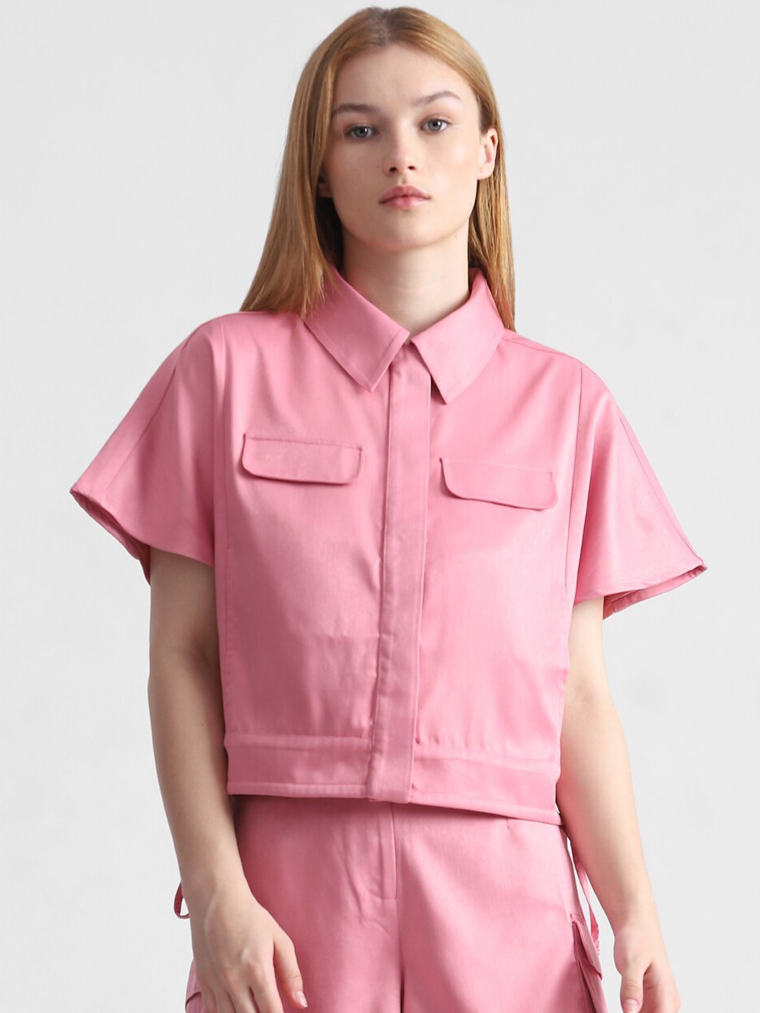 

ONLY Slim Fit Opaque Crop Casual Shirt, Pink