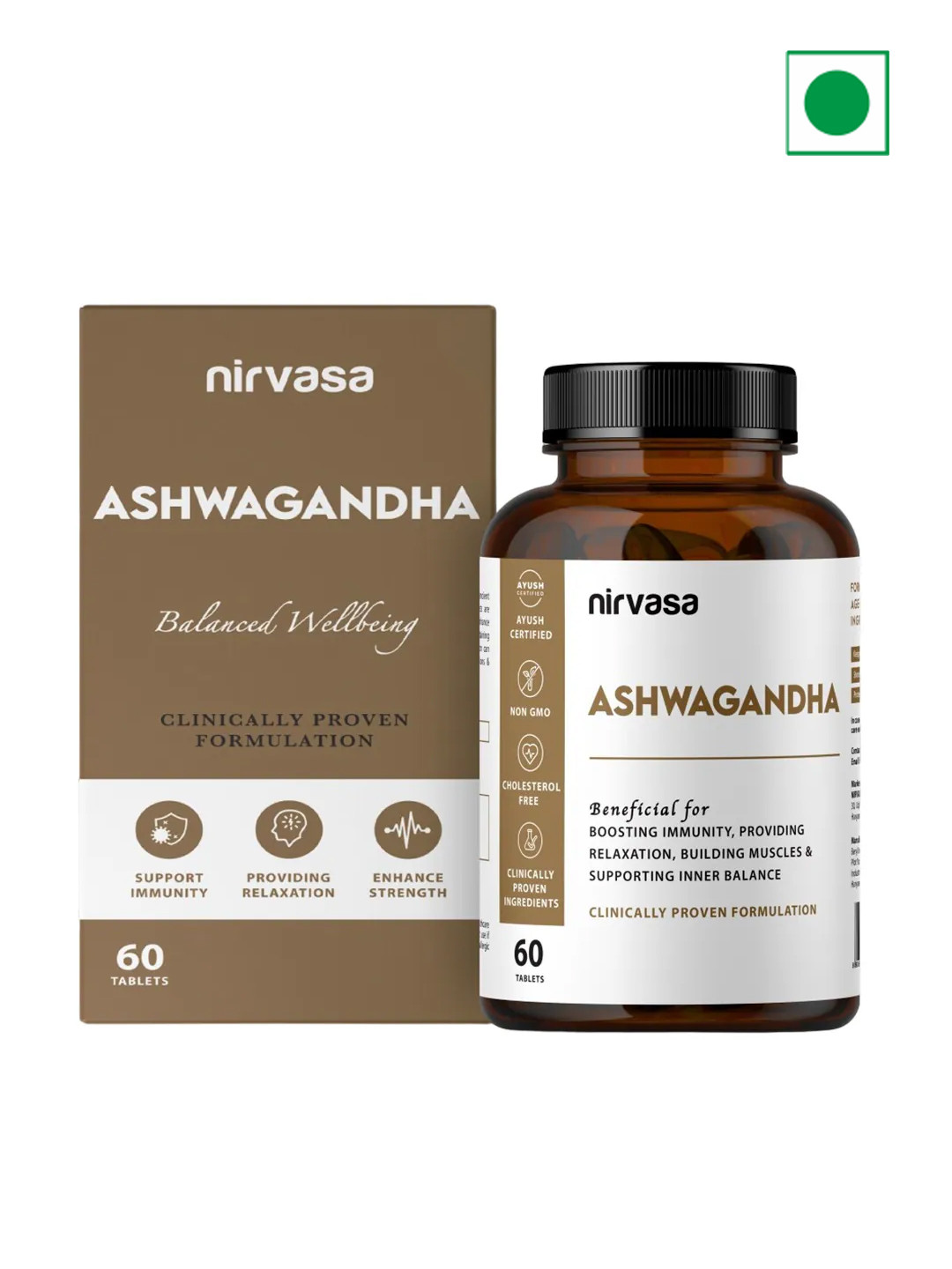 

Nirvasa Ashwagandha Balanced Wellbeing Tablets for Immunity 500mg - 60 Tabs, Brown