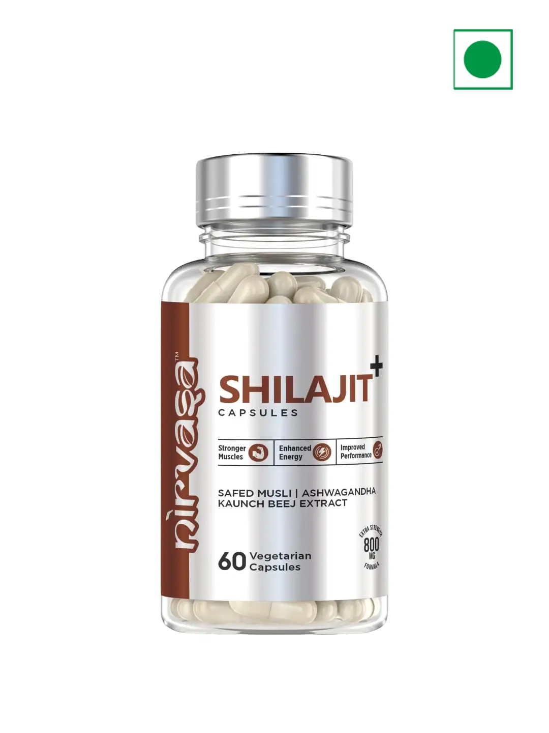 

Nirvasa Shilajit Capsules with Safed Musli & Ashwagandha 800 mg - 60 Tablets, Brown