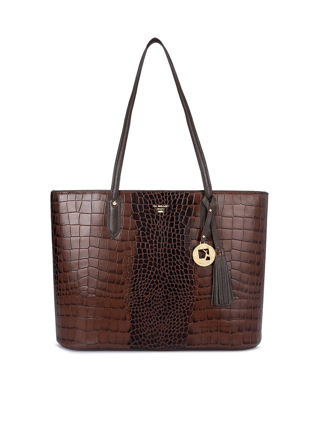 

Da Milano Animal Textured Leather Structured Shoulder Bag with Tasselled, Brown