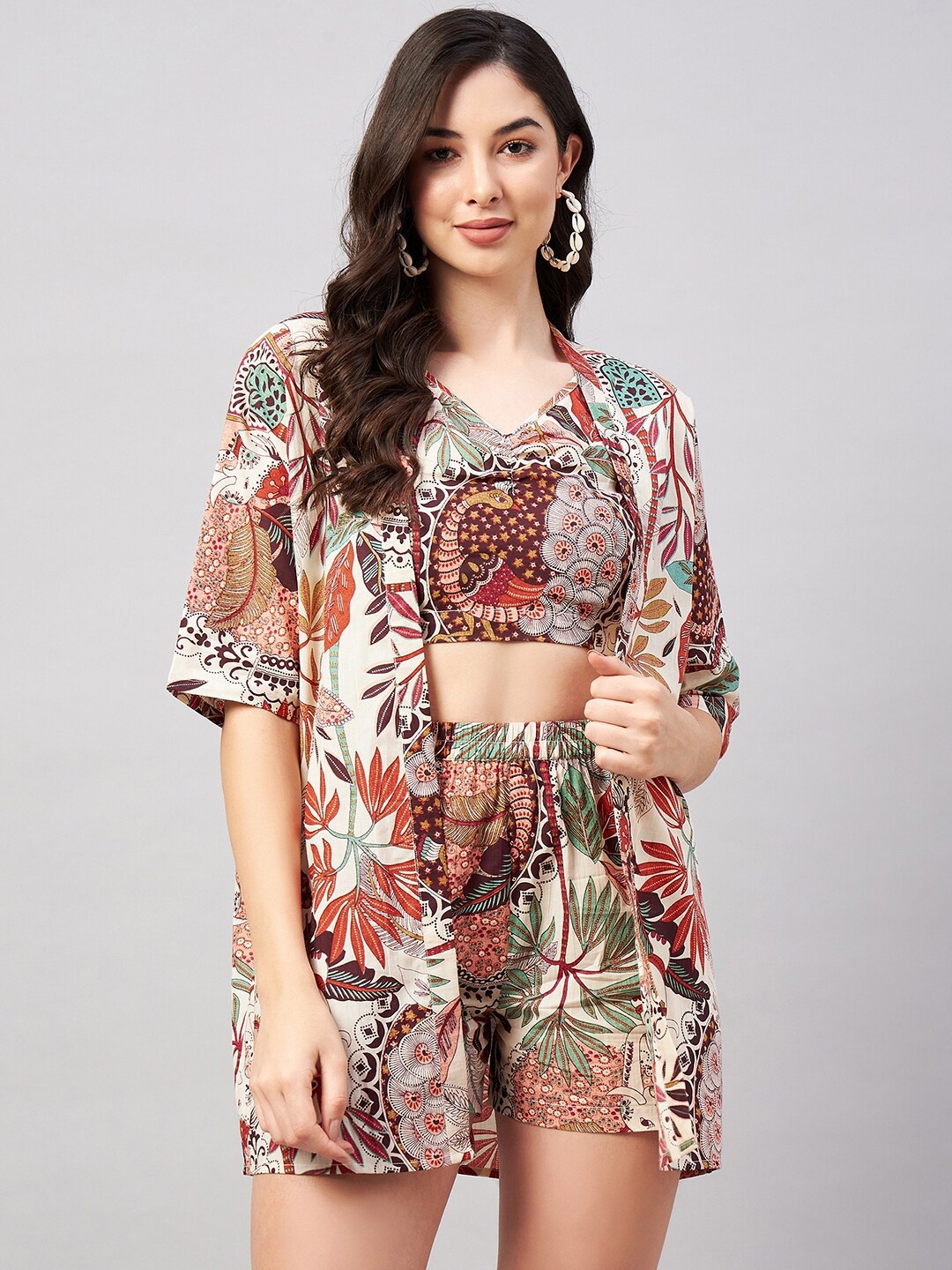 

WineRed Ethnic Motifs Printed Pure Cotton Top With Shorts & Jacket, Beige