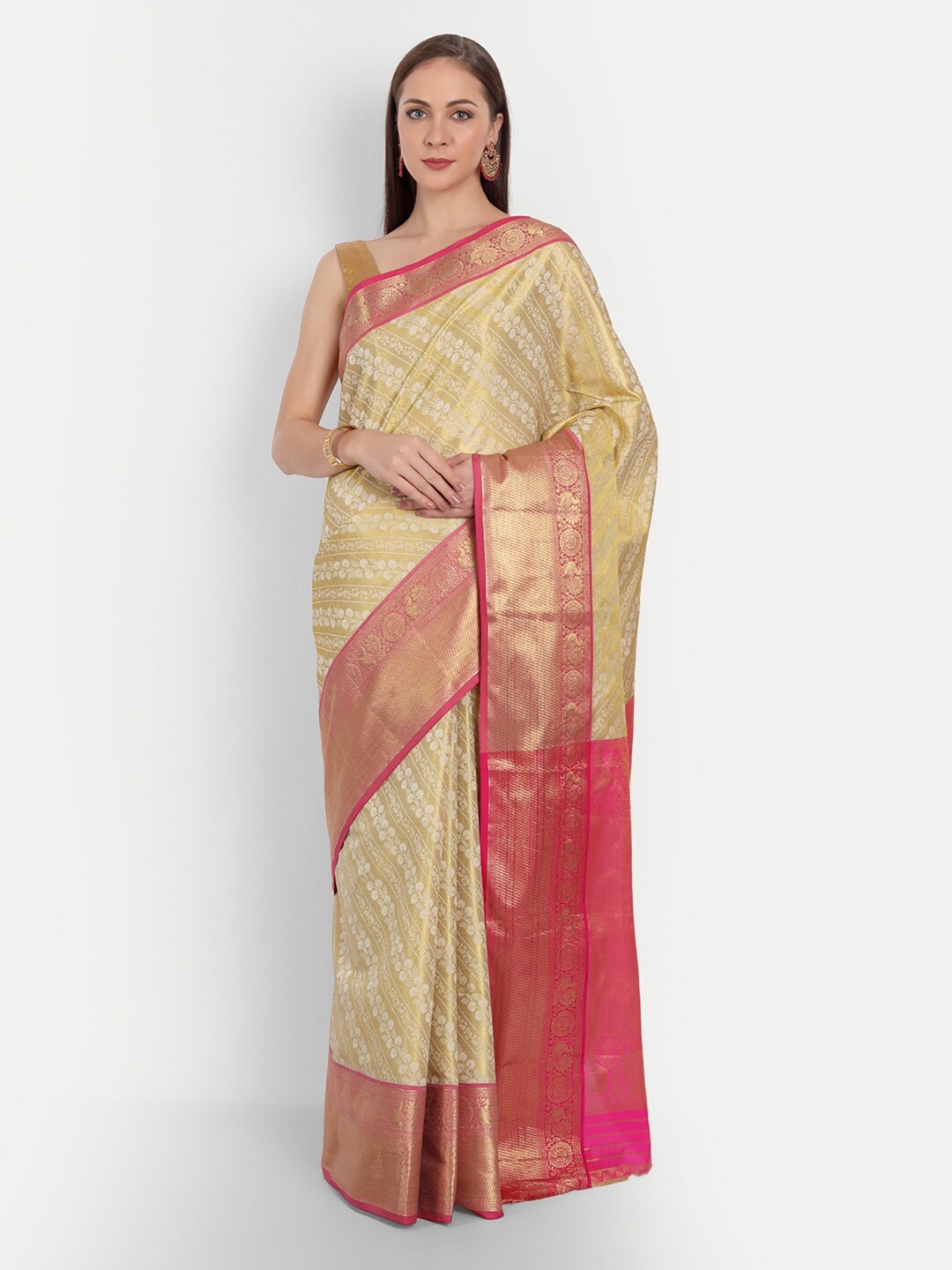 

Anaita Floral Woven Design Zari Pure Silk Banarasi Saree, Cream