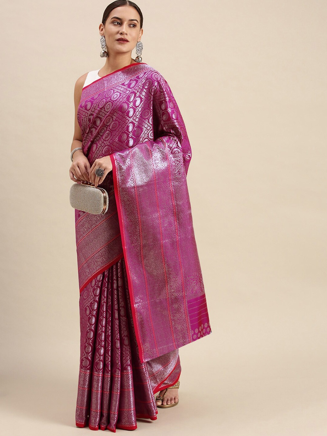 

Anaita Ethnic Motifs Woven Design Zari Pure Silk Banarasi Saree, Pink