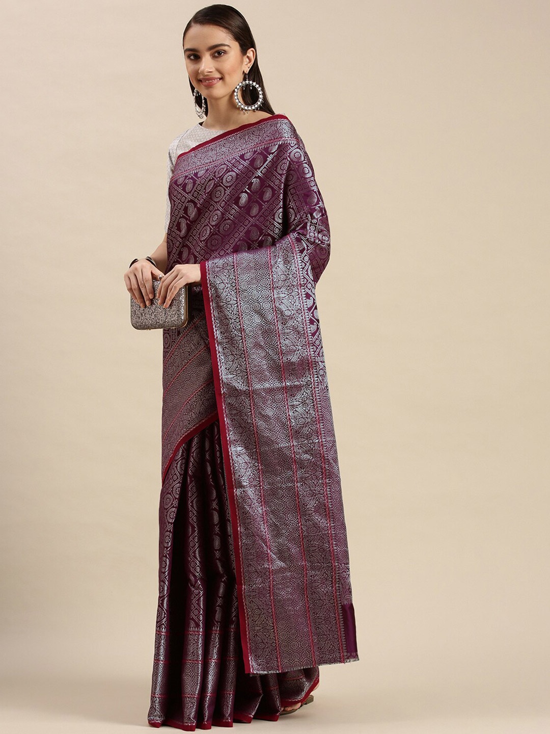 

Anaita Ethnic Motifs Woven Design Zari Pure Silk Banarasi Saree, Purple