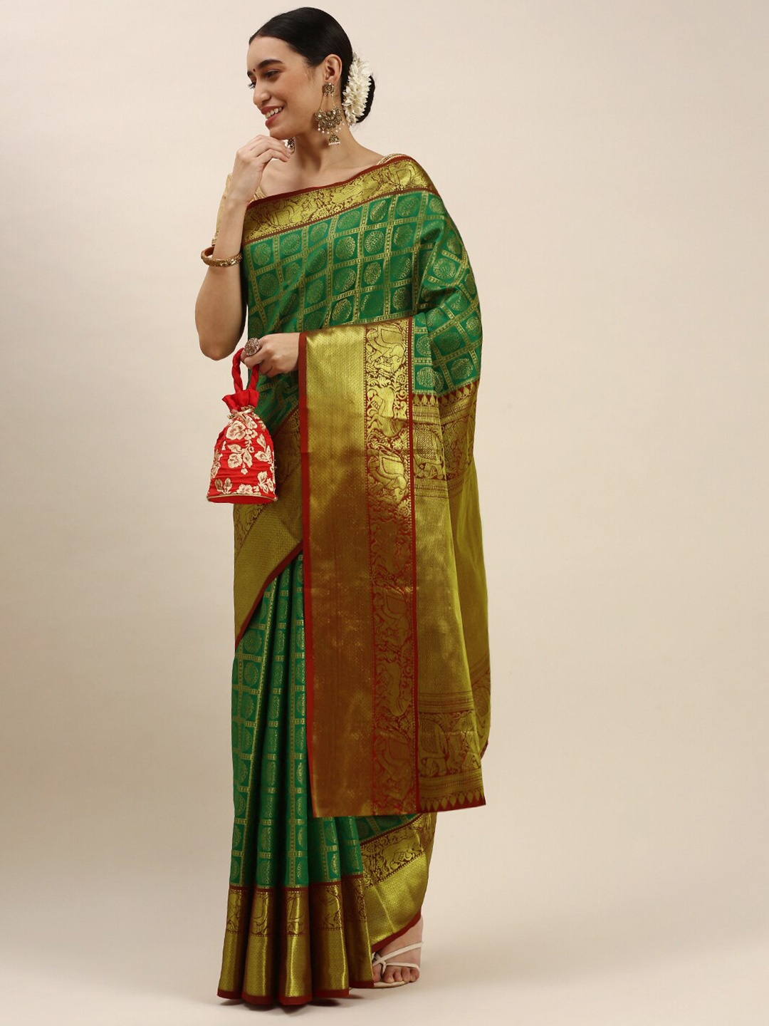 

Anaita Ethnic Motifs Woven Design Zari Pure Silk Banarasi Saree, Green