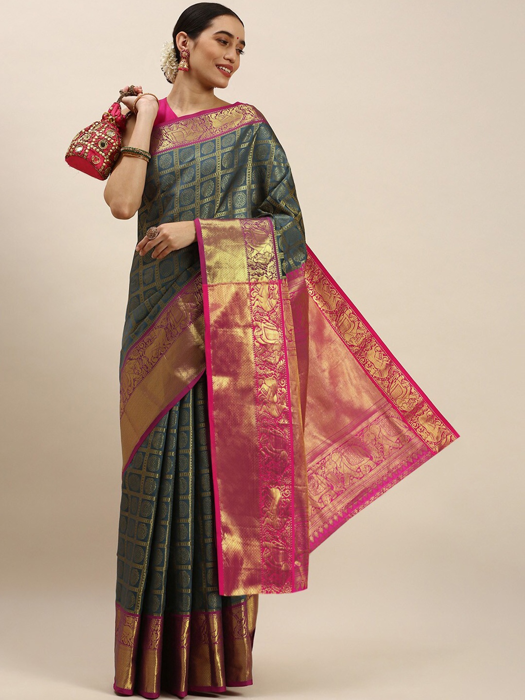 

Anaita Ethnic Motifs Woven Design Zari Pure Silk Banarasi Saree, Grey