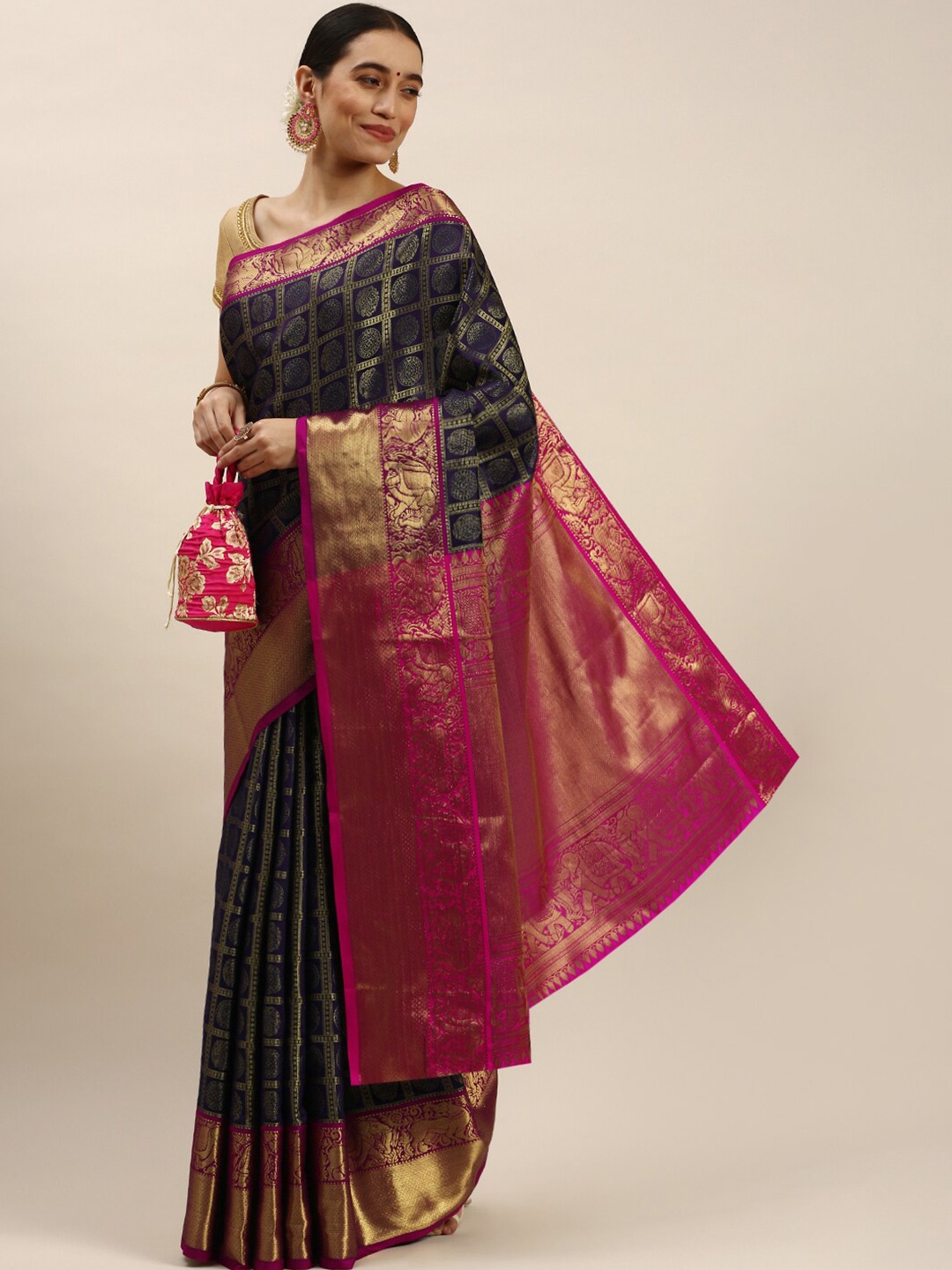 

Anaita Ethnic Motifs Woven Design Pure Silk Banarasi Saree, Navy blue