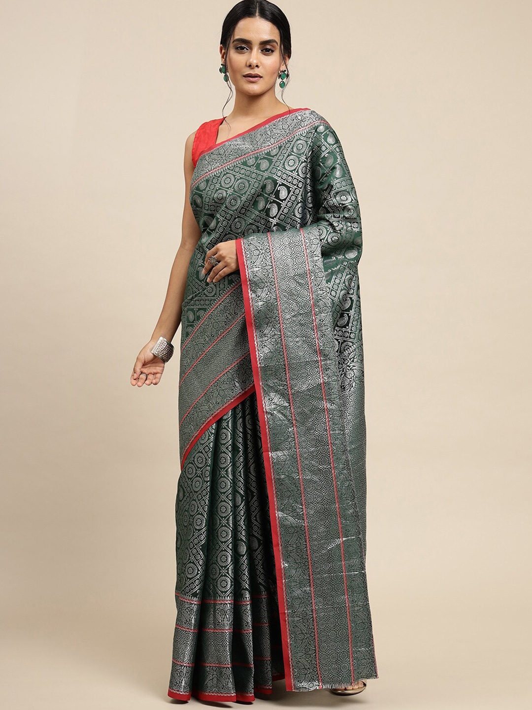 

Anaita Ethnic Motifs Woven Design Zari Pure Silk Banarasi Saree, Green