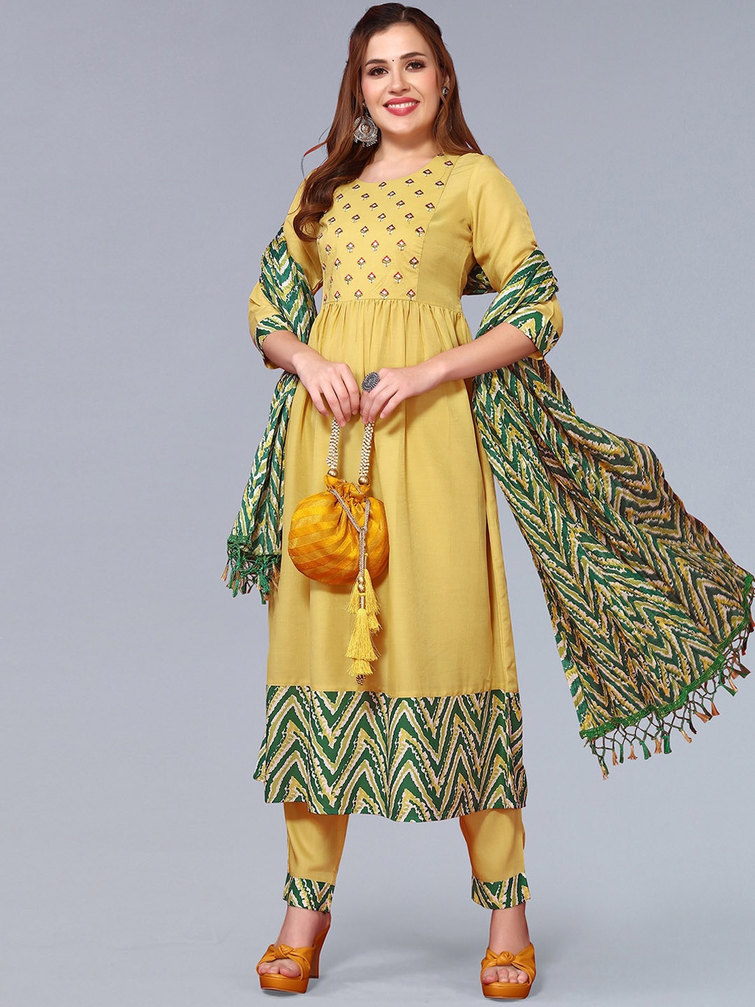 KALINI Floral Yoke Design Thread Work Kurta & Trousers With Dupatta, Yellow