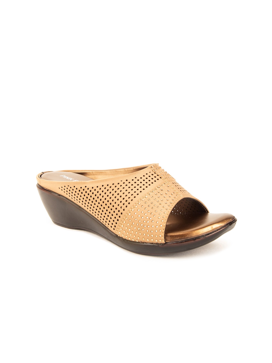 

Pink Fever Textured Open Toe Wedge Heels With Laser Cuts, Copper