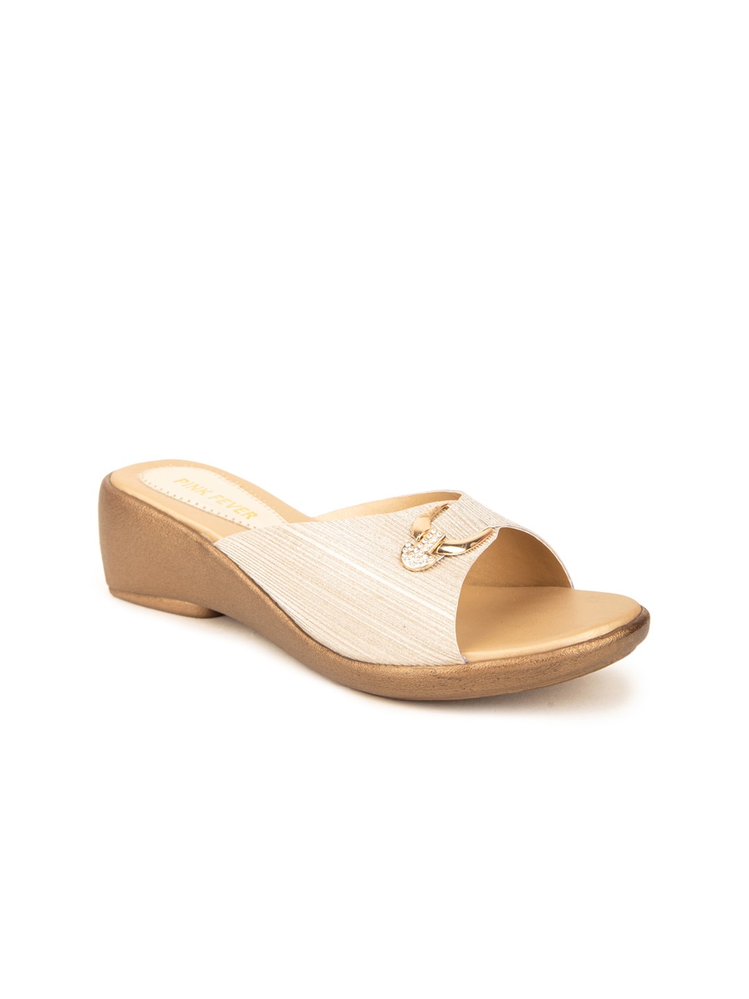 

Pink Fever Shimmered Open Toe Comfort Heels, Gold