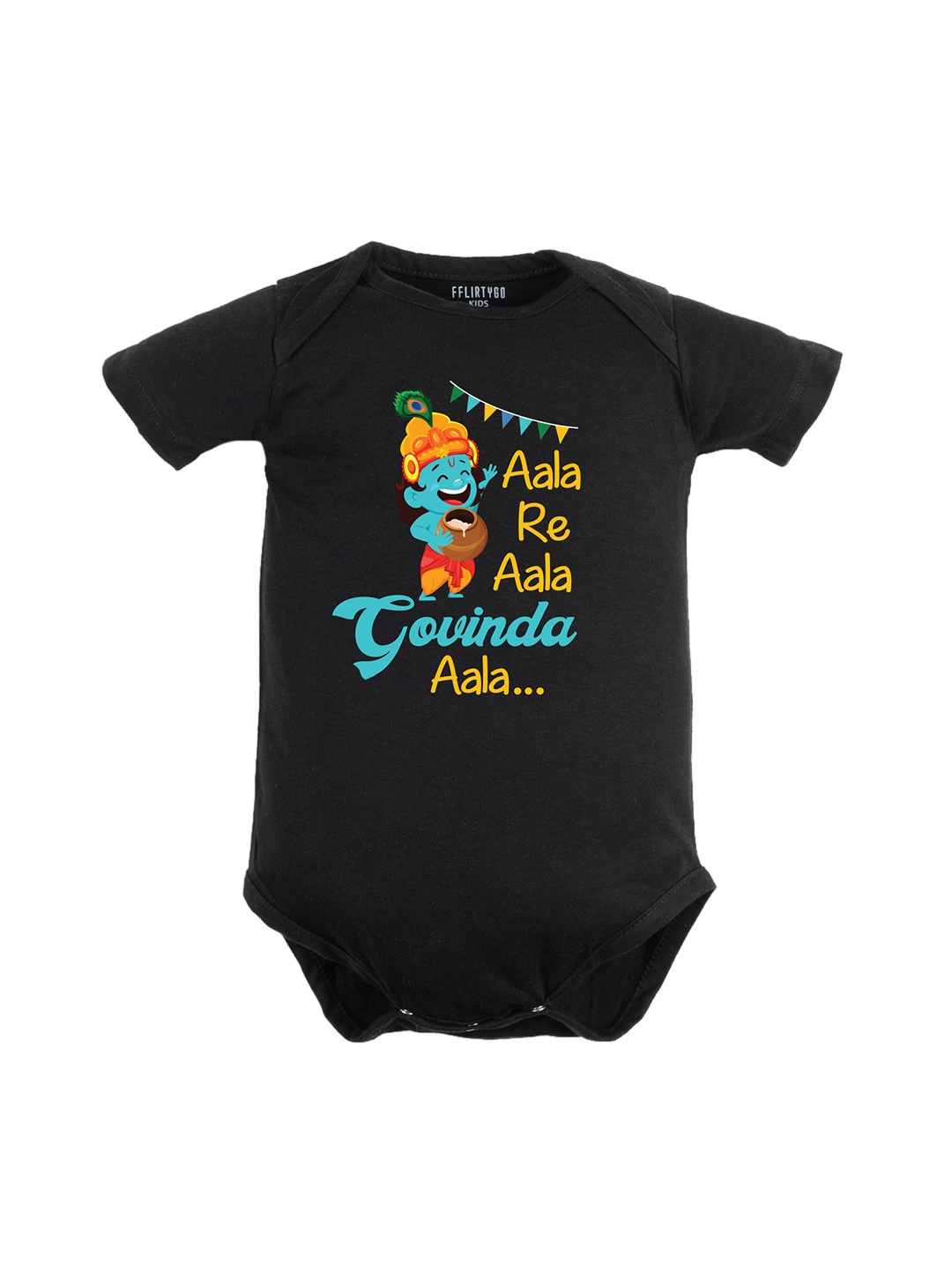 

FFLIRTYGO Infants Janmashtami Printed Pure Cotton Bodysuit, Black