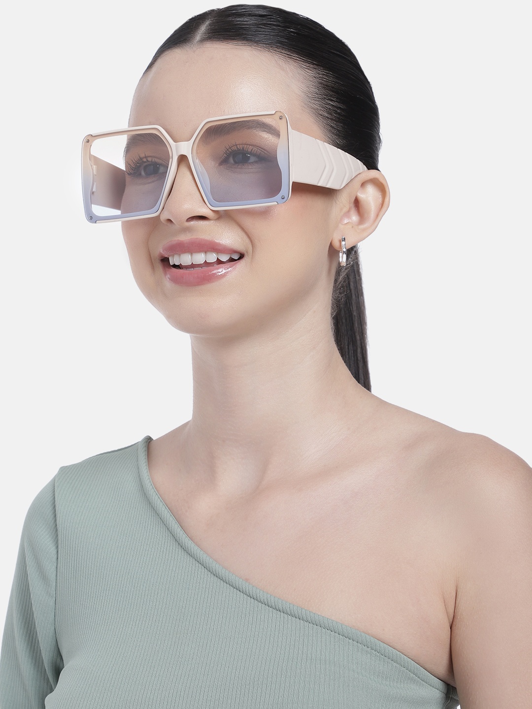 

DressBerry Unisex Blue Lens & White Square Sunglasses with UV Protected Lens, Cream
