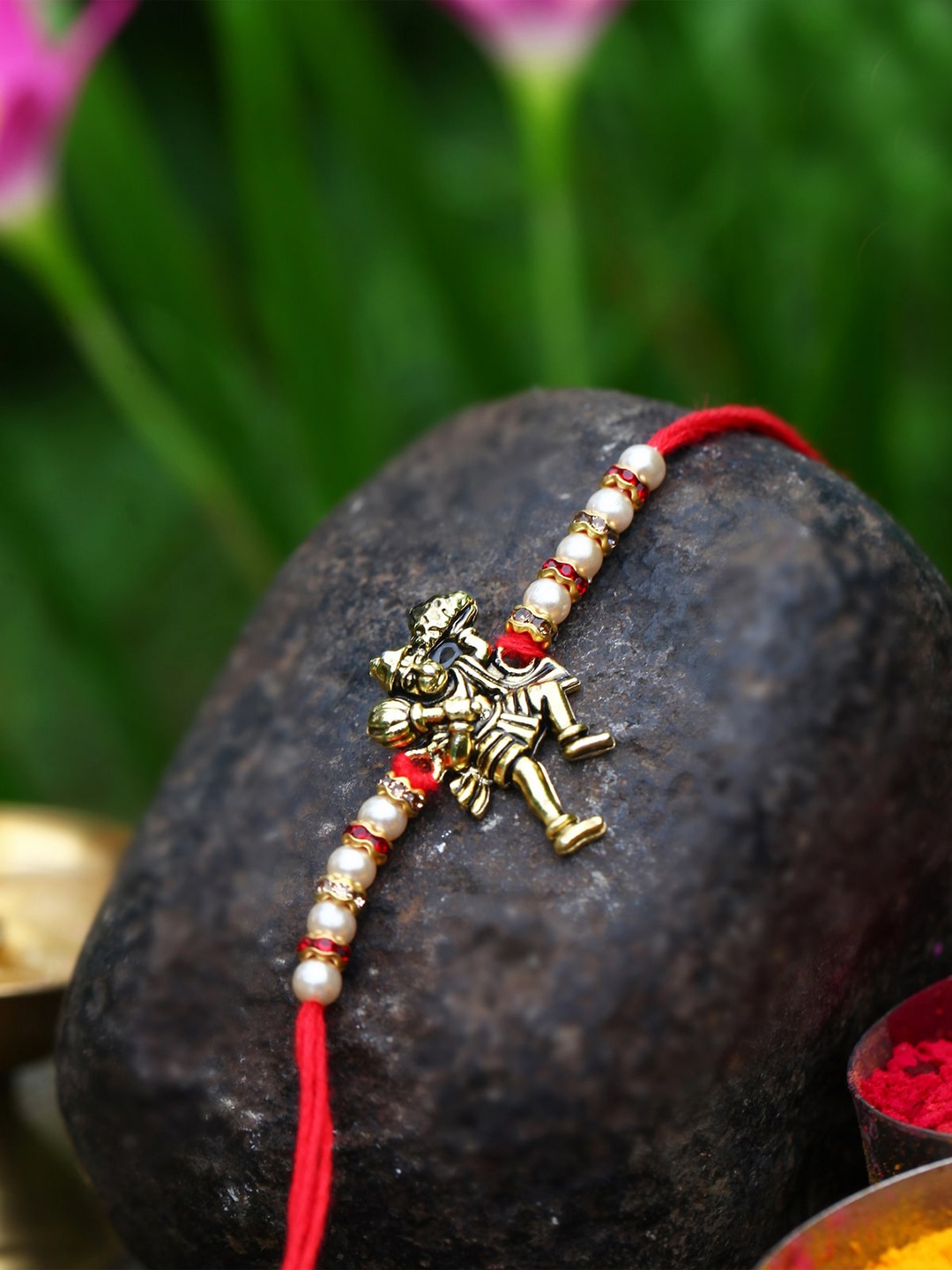 

Vighnaharta Set Of 2 Hanuman Ganesh Charm Detail Rakhi with Roli Chawal, Gold